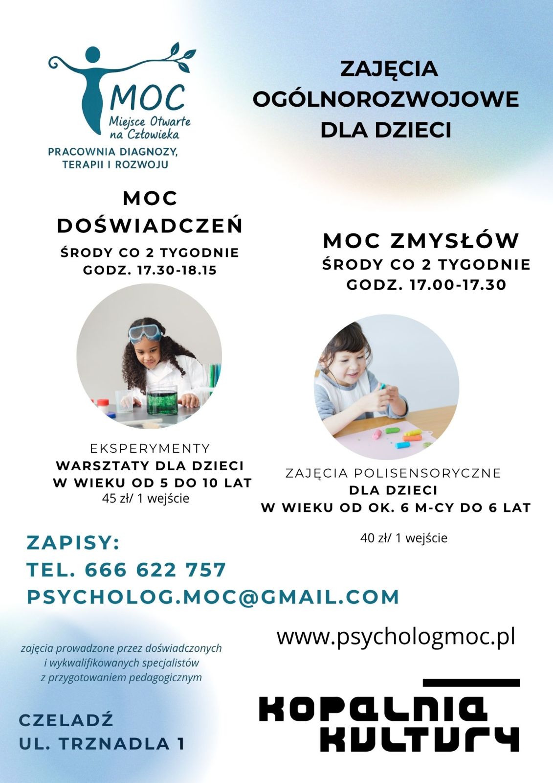 plakat z dziećmi informujący o ofercie zajęć rozwojowych MOC
